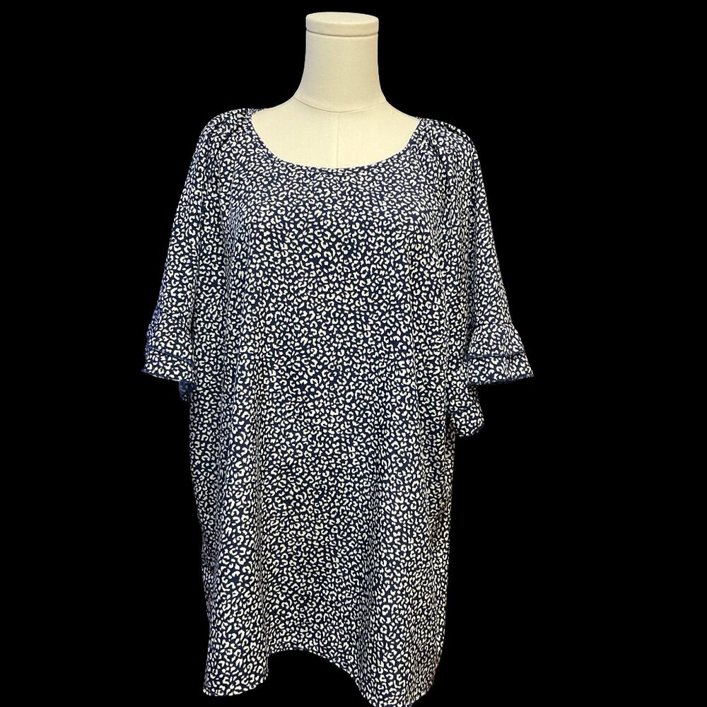 Navy/Cream Leopard Print Blouse w/ Ruffle Sleeves